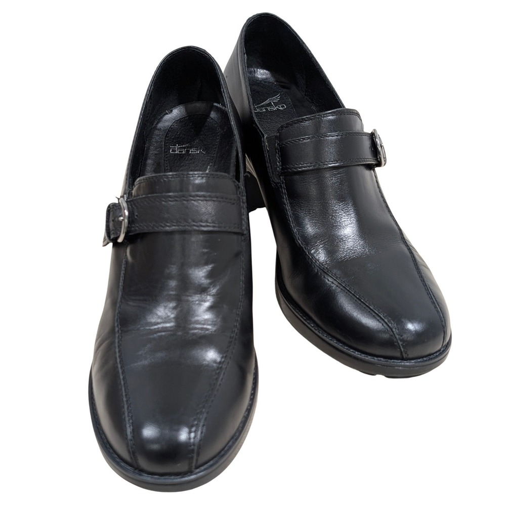 Dansko Black Leather Heeled Loafers Buckle Strap Block Heel Shoes Womens Size 40